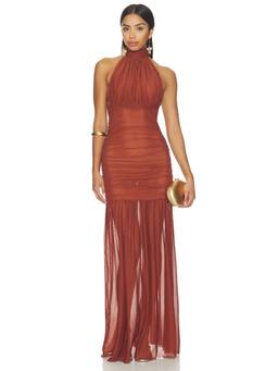 SER.O.YA - Selina Women's Ruched Halter Neck Mesh Maxi Dress Copper