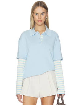 SER.O.YA - Women's Layered Striped Henley Neck Polo Top Blue