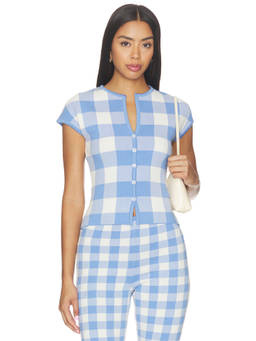 SER.O.YA - Women's Gingham Button Front Ponte Knit Top Blue