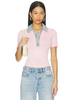 SER.O.YA - Erika Women's Crochet Knit Denim Trim Polo Top Pink