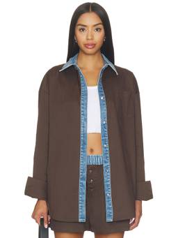 SER.O.YA - Gill Poplin Women's Denim Trim Button-Down Shirt Brown