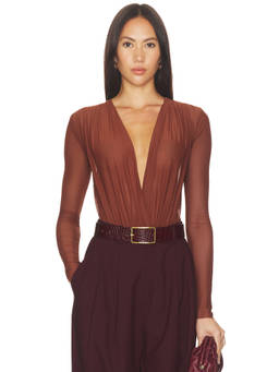 SER.O.YA - Agnes Mesh Women's Sheer Plunging Neck Bodysuit Copper