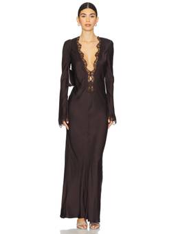 Shona Joy - Allegra Lace Plunged Women's Lace Detail Maxi Dress Brown