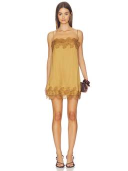 Shona Joy - Simona Lace Women's Satin Slip Mini Dress Mustard