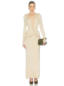 Shona Joy - Miro Women's Plunging Neck Long Sleeve Maxi Dress Beige
