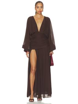 Shona Joy - Amina Balloon Sleeve Women's Plunging Neck Maxi Dress Brown