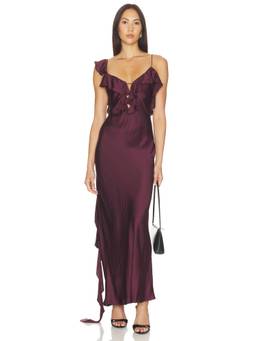Shona Joy - Agnes Ruffle Women's Satin Slip Maxi Dress Wine
