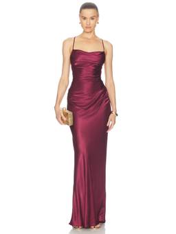 Shona Joy - La Lune Women's Lace-Up Back Ruched Maxi Dress Wine