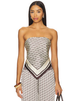 Shona Joy - Monogram Women's Printed Strapless Silk Scarf Top Brown