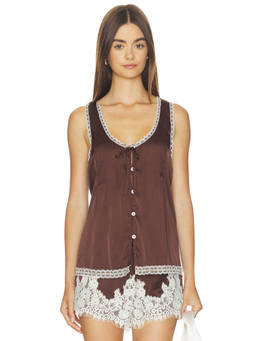 Show Me Your Mumu - Sandra Women's Lace Trim Button Front Blouse Brown