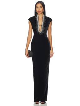 SAU LEE - Lenora Velvet Women's Beaded Plunging Neck Maxi Gown Black