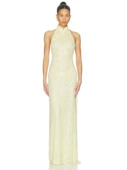 SAU LEE - Grace Women's Beaded Sequin Halter Maxi Dress Yellow