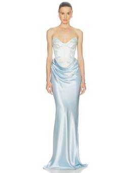 SAU LEE - Sandrine Women's Strapless Boned Bodice Maxi Gown Pale Blue