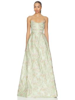 SAU LEE - Brocade Women's Boned Bodice Floral Gown Green