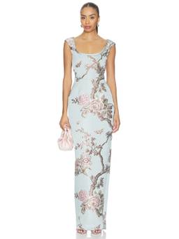 SAU LEE - Brooke Brocade Women's Floral Scoop Neck Maxi Gown Blue