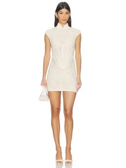 SAU LEE - Bora Women's Lace Cap Sleeve Mandarin Neck Mini Dress Beige