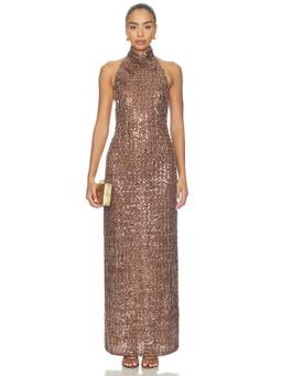 SAU LEE - Gracie Sequin Women's Halter Neck Backless Maxi Dress Mocha