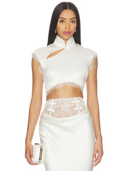 SAU LEE - Lila Women's Satin Lace Trim Cut-Out Crop Top Ivory