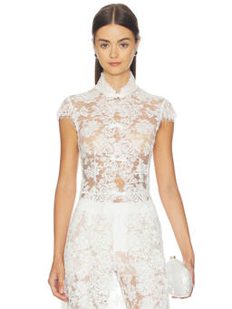 SAU LEE - Saphina Lace Women's Sheer High Neck Cap Sleeve Top White