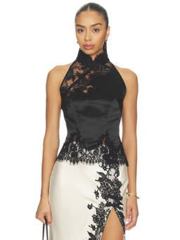 SAU LEE - Elva Women's Lace Trim Halter Neck Satin Top Black