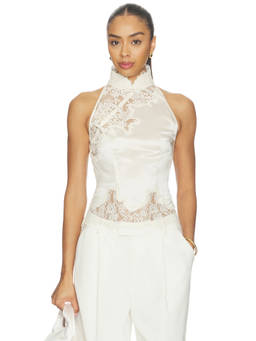 SAU LEE - Elva Women's Satin Lace Trim Halter Neck Top Pearl