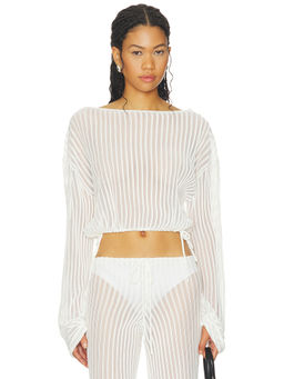 Solid & Striped - Athena Women's Sheer Striped Drawstring Hem Crop Top White