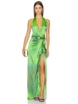 SILVIA TCHERASSI - Gypsy Women's Halter Neck Striped Satin Gown Green