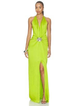 SILVIA TCHERASSI - Textured Satin Women's Halter Plunging Neck Gown Green