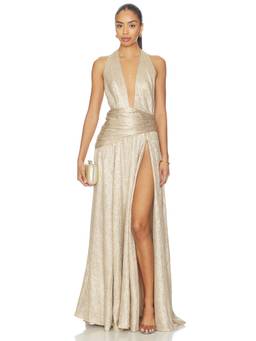 Sonya Moda - Metallic Crepe Women's Halter Neck Maxi Dress Champagne Gold