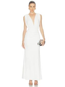 Sonya Moda - Sabine Women's Ruched Plunging Neck Maxi Dress White