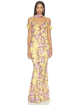 Sonya Moda - Rosalie Women's Floral Off Shoulder Draped Maxi Dress Yellow