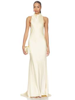 Sonya Moda - Petra Women's Satin Sleeveless High Neck Maxi Gown Yellow