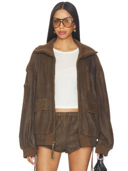 SPELL - Fontaine Women's Genuine Leather Zip Bomber Jacket Brown
