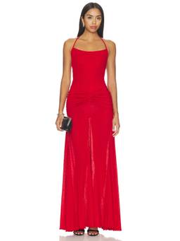 SIEDRES - Nensi Ruched Mesh Women's Halter Neck Maxi Dress Red