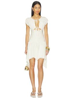 SIEDRES - Penelope Women's Ruched Cut-Out Asymmetric Hem Midi Dress Ecru