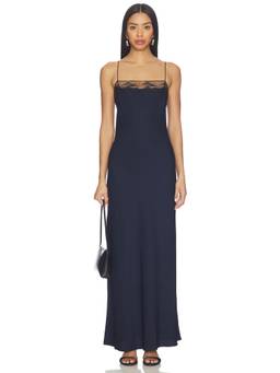 Rue Sophie - Dree Women's Lace Trim Satin Slip Maxi Dress Navy Blue