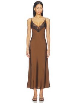 Rue Sophie - Cleste Women's Lace Trim Adjustable Strap Satin Nightdress Brown