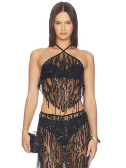 Sketch-Y - Hiba Women's Halter Neck Embellished Crop Top Black