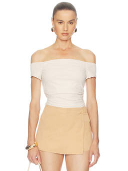 Susana Monaco - Off Shoulder Women's Ruched Waist Short Sleeve Top Beige