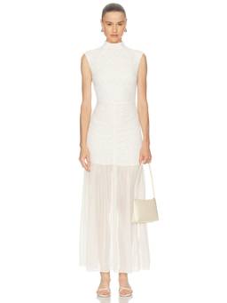 ROTATE - Lace Ruched Women's Sleeveless High Neck Maxi Dress Off White