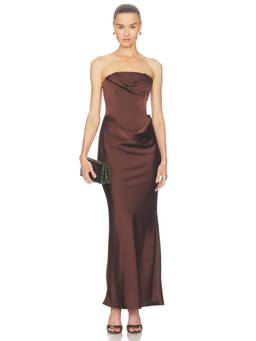 ROTATE - Corsage Long Women's Strapless Corset Maxi Dress Brown