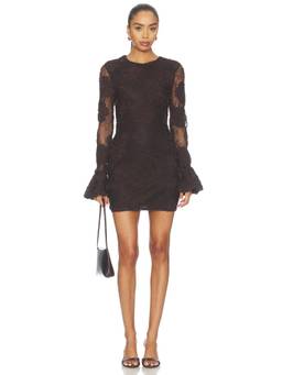 ROTATE - 3D Flower Women's Long Sleeve Lace Mini Dress Brown