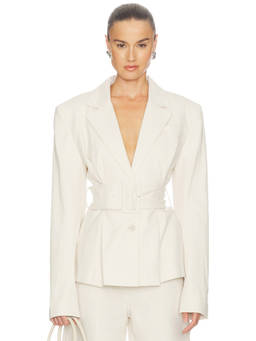 ROTATE - Linen Suiting Women's Belted Tailored Single-Breasted Blazer Beige