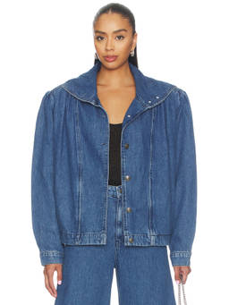 ROTATE - Gathered Women's Padded Shoulder Denim Jacket Blue