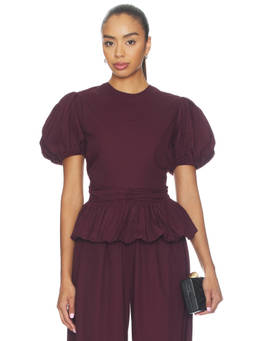 ROTATE - Poplin Women's Puff Sleeve Bubble Hem Top Wine