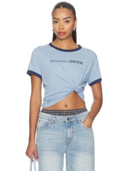 The Laundry Room - Momma Needs A Beer Women's Graphic Ringer Crew Neck T-Shirt Blue