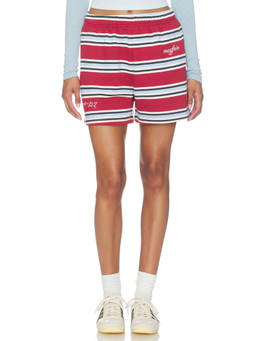 The Mayfair Group - Striped Women's Elastic Waist French Terry Training Shorts Red