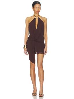 Tiger Mist - Indigo Mini Women's Halter Neck O-Ring Detail Mini Dress Brown