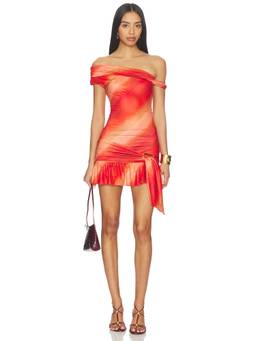Tiger Mist - Twist Women's Off-Shoulder Ruched Wrap Mini Dress Orange