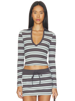 Tiger Mist - Kaydin Women's Striped Collared V-Neck Crop Top Blue